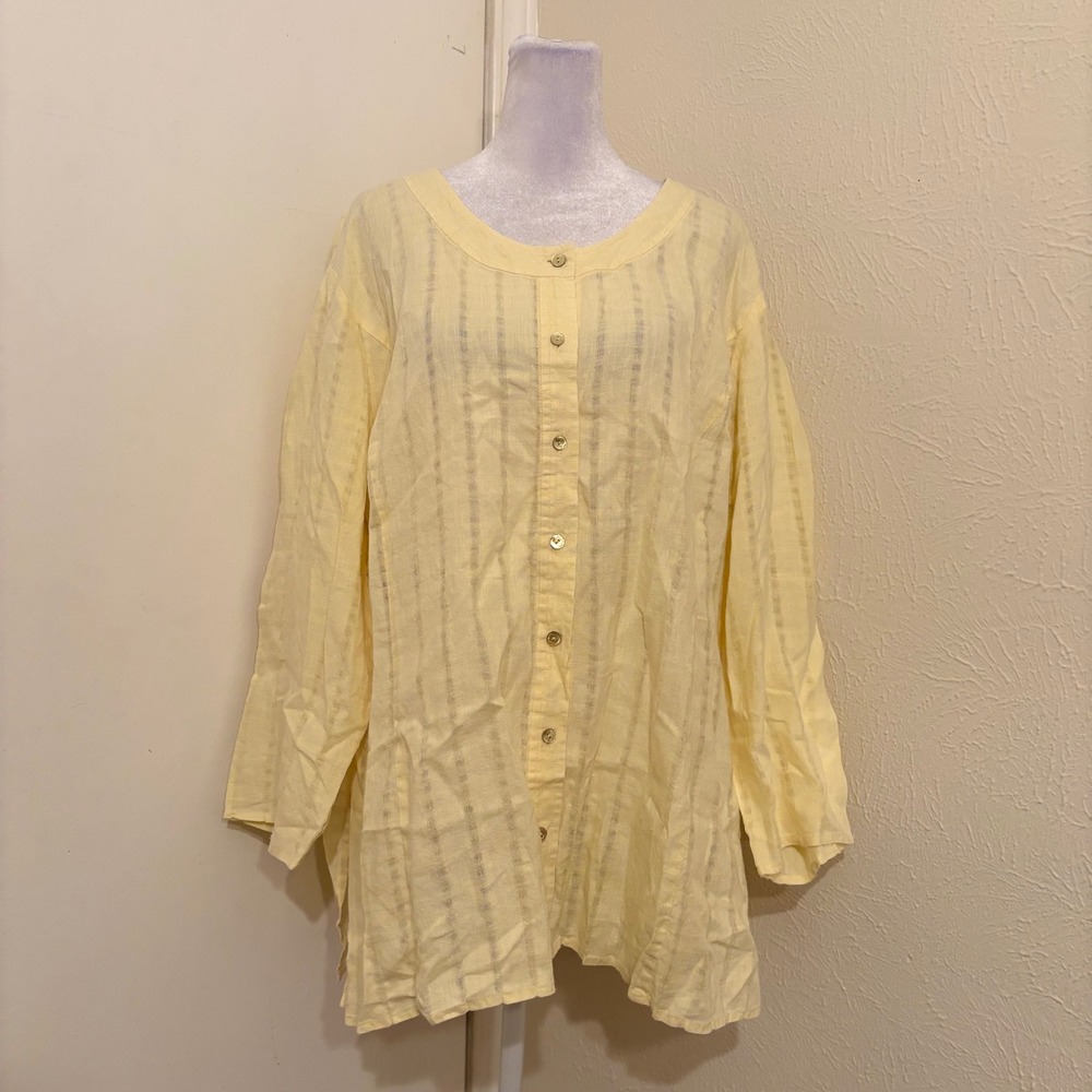 Eileen Fisher 100% Irish Linen Button Down Tunic Sheer Striped Yellow Top 2X